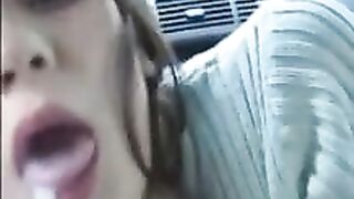 Hot Girlfriend Swallows in Car During Daytime Adventure