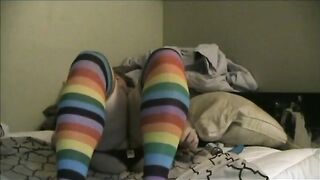 Gagged and Rainbow Socks Handjob Session